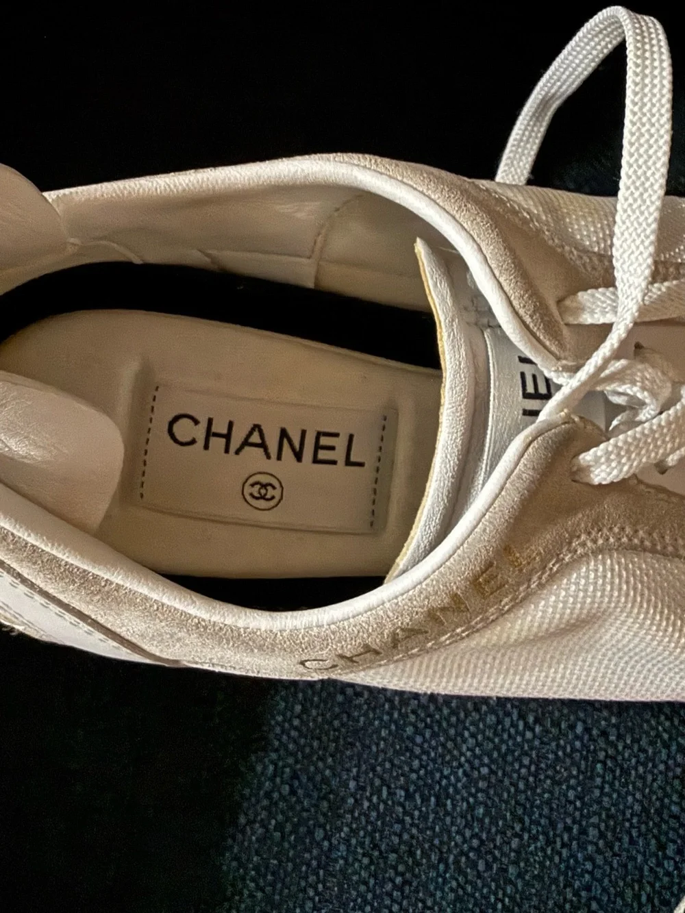 CHANEL Cream Lace-Up  Sneakers
